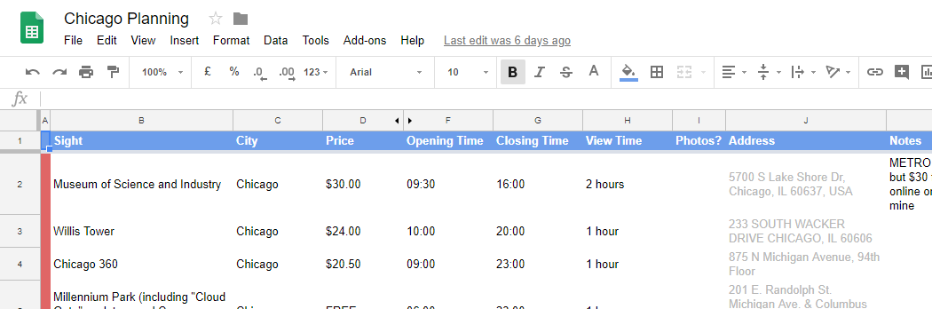 Screenshot of 'sights' tab of spreadsheet example